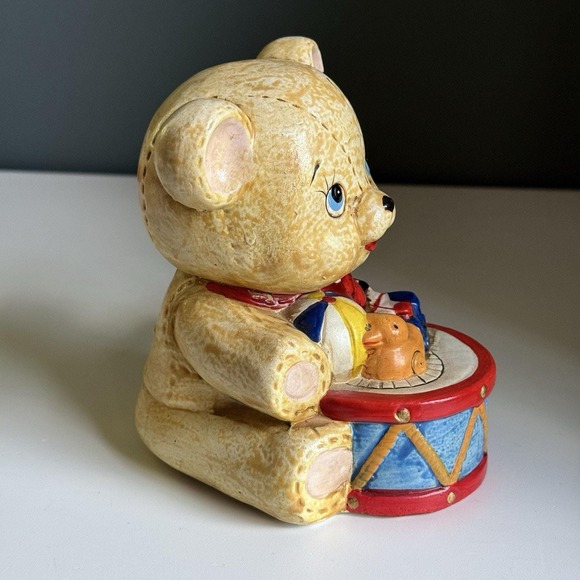 Vintage 1981 ENESCO Teddy Bear W/ Toys Drum Coin Bank COLORFUL Train‎ Rare T65 - Picture 2 of 9